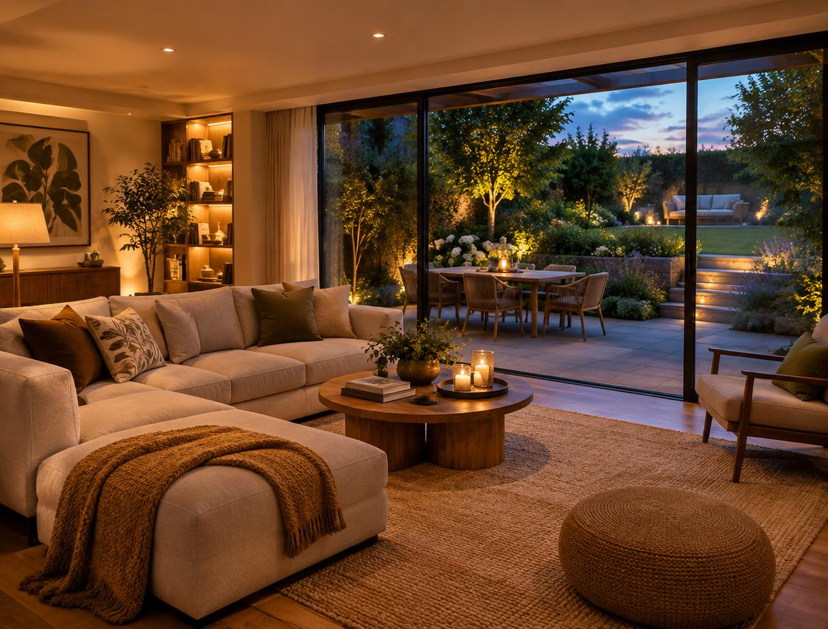 Garden living room interior with a large sofa, warm lighting and sliding doors open to an evening garden