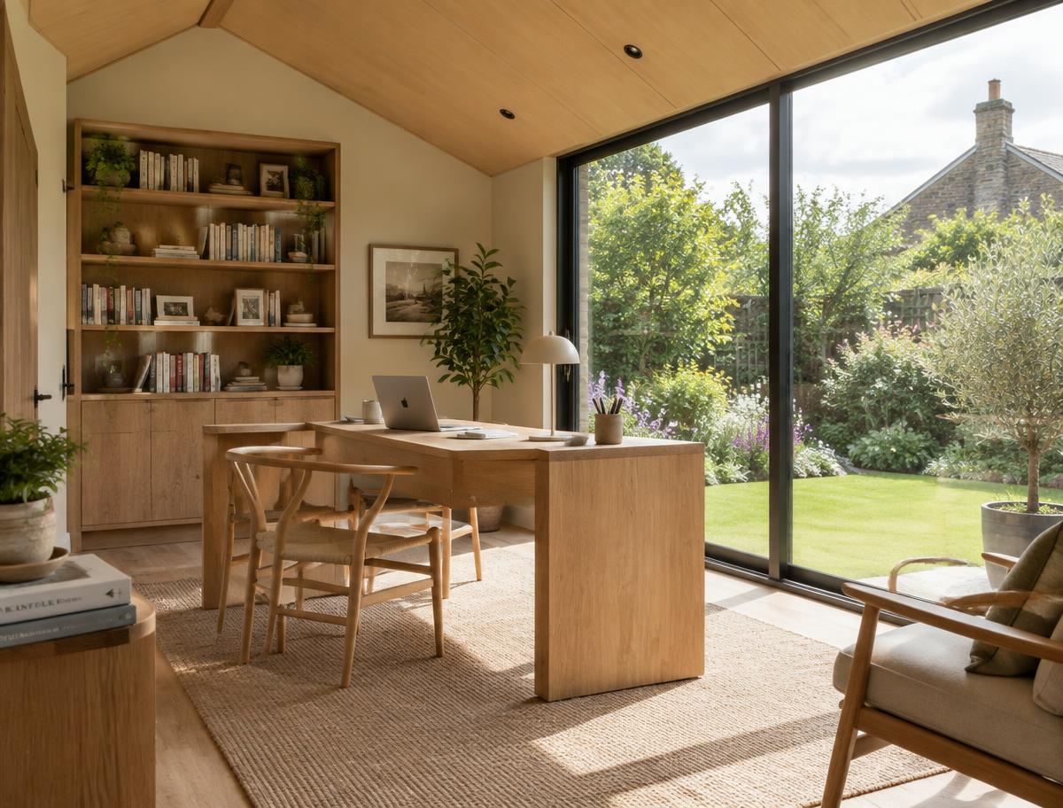 Garden office interior with an oak desk, bookshelves and full-height glazing overlooking a garden