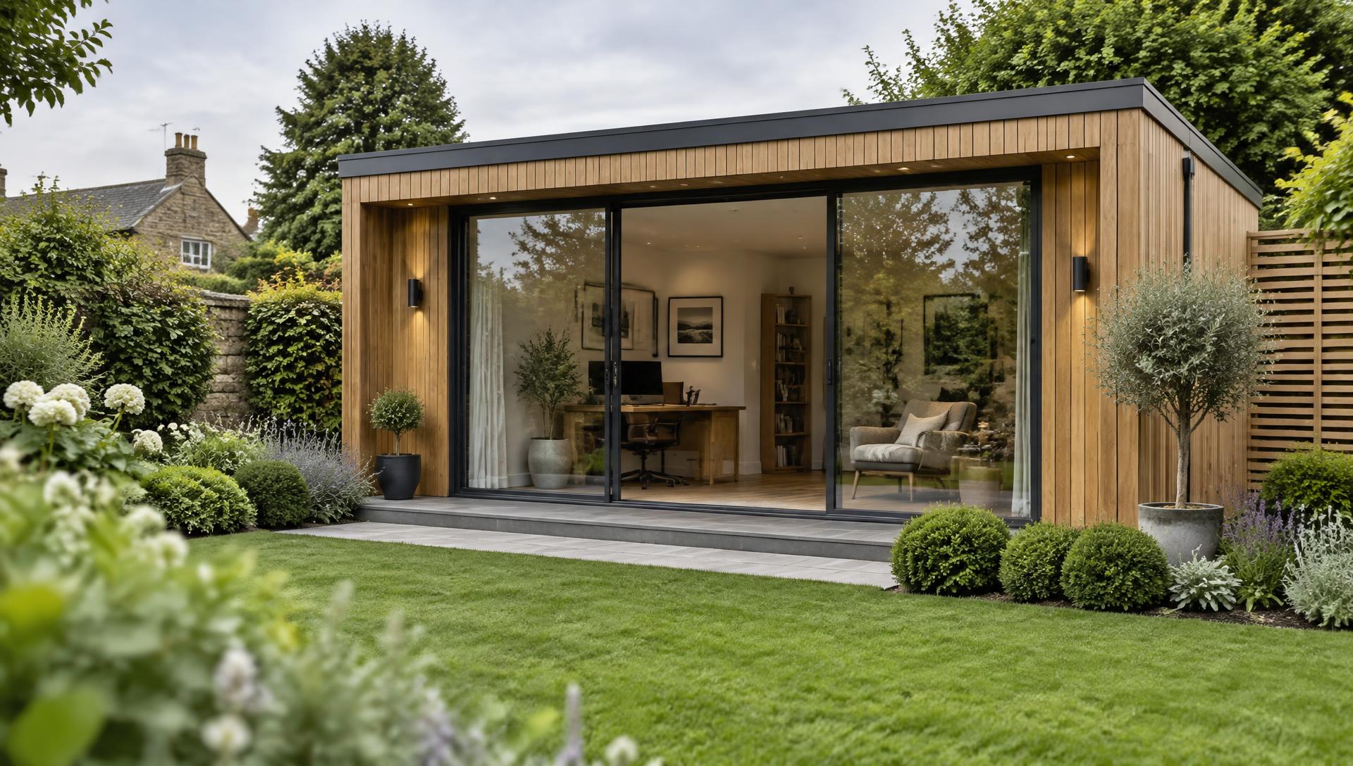 Contemporary timber-clad garden room with full-height glazing in a landscaped British garden